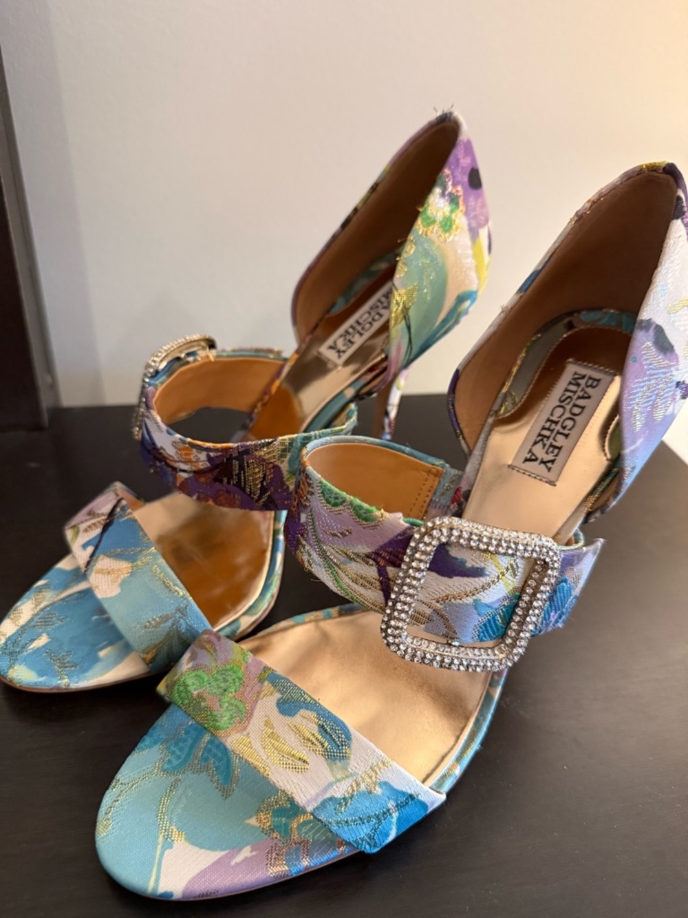 Badgley Mischka Multi-Color Floral Satin Crystal Buckle Heels